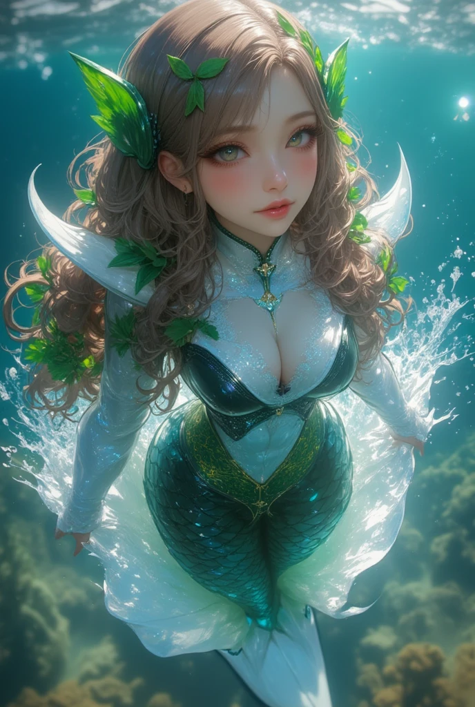 full body:1.5, whole body, whole body, ((Worm's Eye View:1.2)),  mermaid, Adorable expression,  beautiful wavy hair, Brown color close to gold , The ears are shaped like sharp fish fins, Beautiful underwater, Wrapped in foam, The lower body is a fish, Toes are fish fins, Beautiful Scales, Iridescent Scales, An upper body costume that looks like a combination of seaweed and silk, Beautiful ornaments, Star-shaped hair ornament, masterpiece:1.5