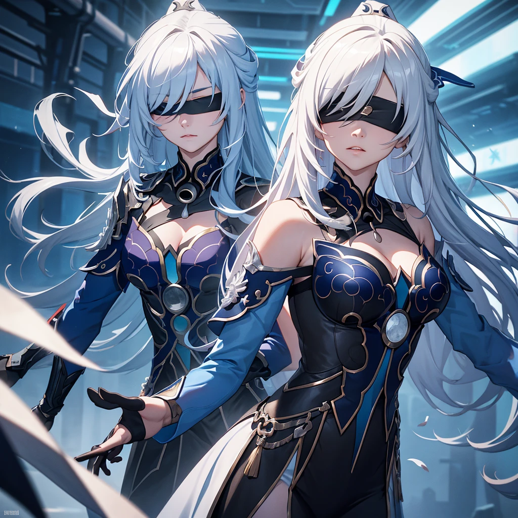 Character similar to Jingliu from Star Rail, must have a black blindfold over his eyes. Convention semblance. Futuristic RPG setting. Make a character with an older woman's body.