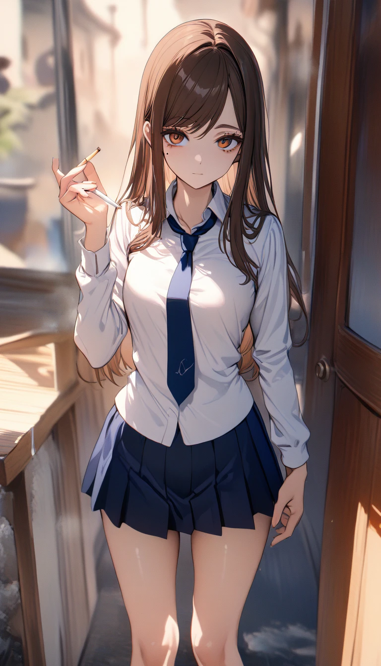 half-body, feet out the frame, standing, 1girl, Ieiri Shoko, solo, closed mouth, mole under right eye, expressive brown eyes, brown hair, long hair, swept bangs, chill, slender, school uniform, white shirt with blue necktie, marine skirt, (detailed beautiful face and eyes), HDR, absurdres, highres, ultra detailed, Jujutsu Kaisen, holding a cigarette, simple background, (masterpiece, 8k, best quality:1.3)