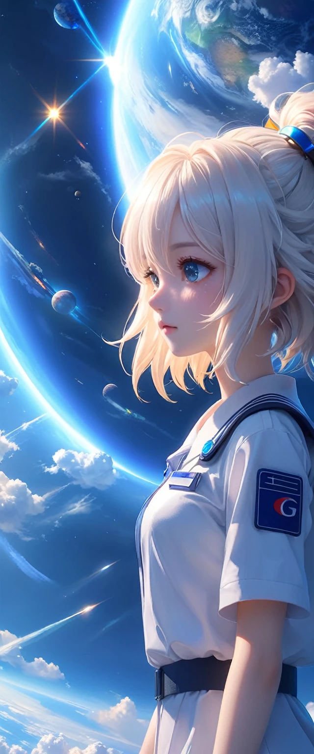 (   Extremely Detailed CG Integrated 8K Wallpaper) (top-quality),        woman in uniform turns her back to the planet 、 staring at the planet with the planet at the center 。 Sun shining  。   intense streaks of light radiate and   。 惑星を中心に。   blends into the deep blue sky   。Light illuminates clouds   。Create soft shadows。Sunlight is mysterious   。   there is a big fluffy white cloud in the air 。 

