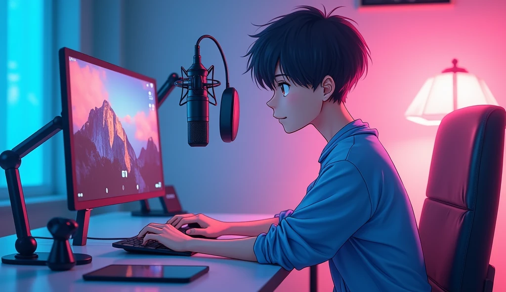 A young 18 years anime boy sitting on a computer dest with microphone and laptop
YouTube his wears off blue and pink colour
In the channel name written by tisert MP creator 01
