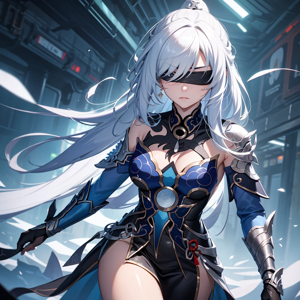 Character similar to Jingliu from Star Rail, must have a black blindfold over his eyes. Convention semblance. Futuristic RPG setting. Make a character with an older woman's body.