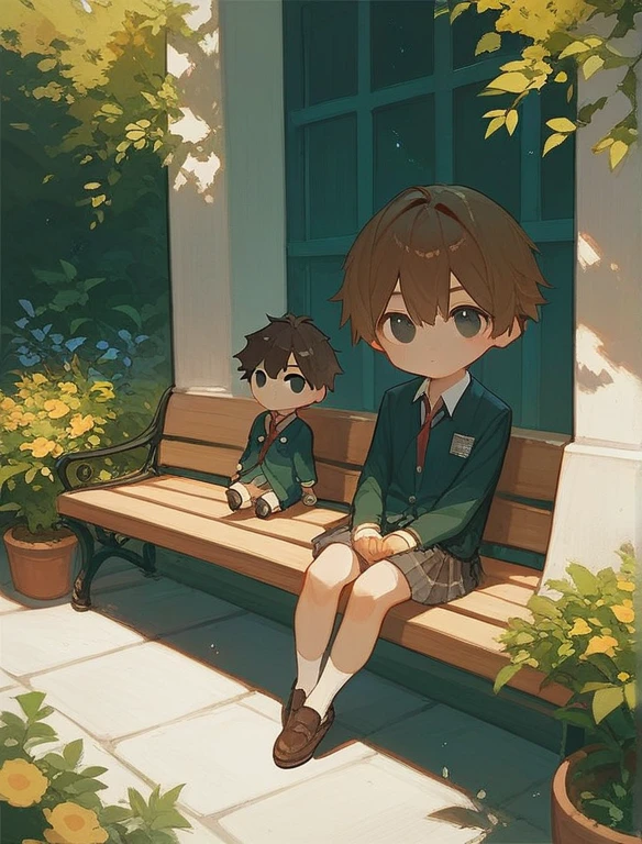 in the garden，a boy is sitting on a bench.shor hair，Brown Hair，black eyes，korea school uniform,chibi