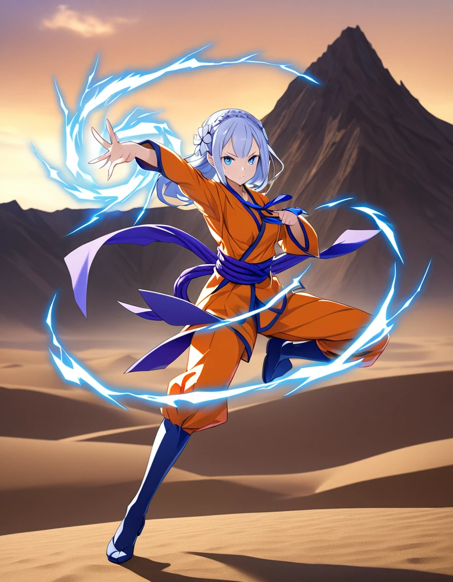 Emilia re zero full body,Girl,Blue eyes, Dark Blue hair colour, Background Desert Mountain,epic pose, Serious ,with blue lightning effect, perfect hand,Perfect anatomy , Blue hair,orange karate Suit with Purple rope tie in Waist