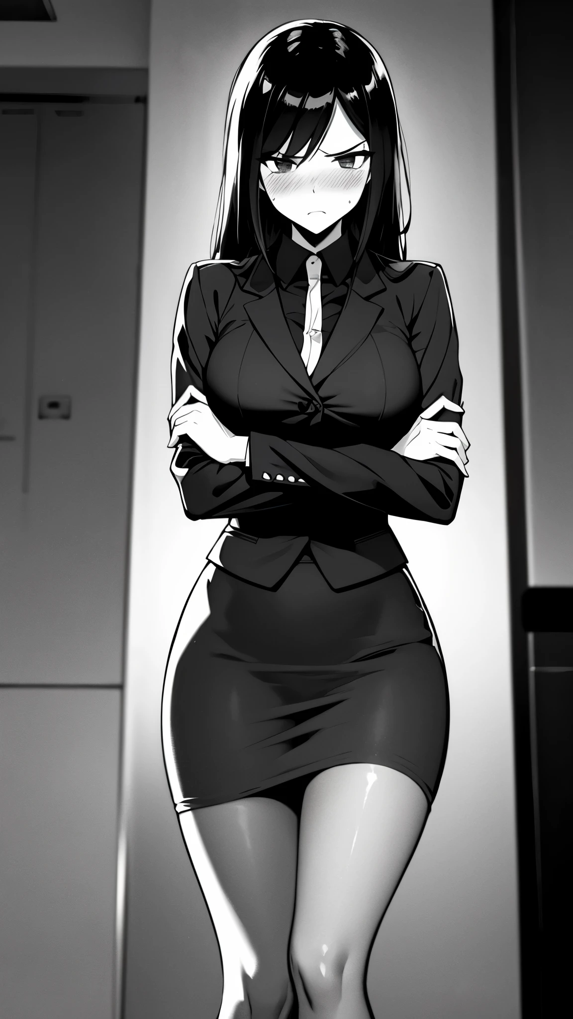 A woman with long black hair, wearing a business outfit consisting of a suit, (pencil skirt), and pantyhose, stands in a monochrome setting. The artwork is inspired by manga and incorporates a doujin style. The woman appears to be (hot of desire with pussy juices), which causes her to feel embarrassed and humiliated, resulting in a blush on her face. In addition, there is an air of anger in her expression. The lighting in the scene is moody, with a spotlight highlighting the woman's figure. She is crossing her arms, (arms crossed), fully showcasing her skirt, medium breasts