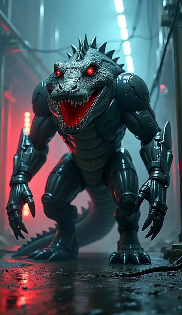 grim portrait of Killer Croc from DC Comics with intricate angular cybernetic implants inside a brutalist building, gothic brutalist cathedral, cyberpunk, award-winning photo, bokeh, neon lights, cybernetic limb