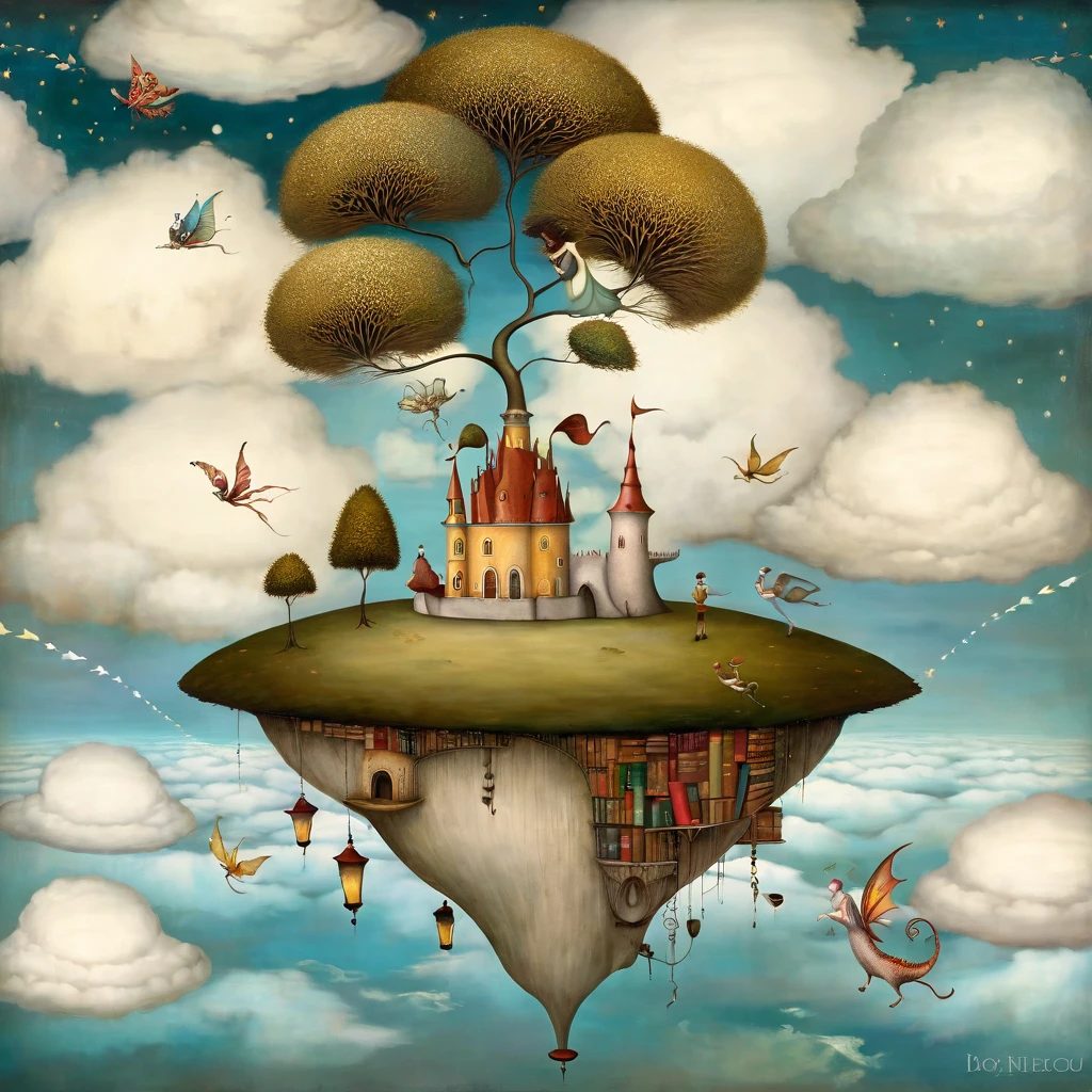 Patchwork style, by nicoletta ceccoli, klimt,  Catrin Welz-Stein, naoto hattori, Lawrence Didier, leonora carringtonl, Hieronymus Bosch (A woman sitting on a small island high in the clouds reads a book. in other small flying island around it, dragons, fairy-tale castles, leaves like trees ). imperialistic fantasy, soft glowing lights, space-inspired elements, ultra-detailed, intricate designs, majestic, sense of wonder and adventure, floating clouds, fantasy environment, high resolution, 4K, vibrant colors, cinematic masterpiece, captivating and awe-inspiring atmosphere.
