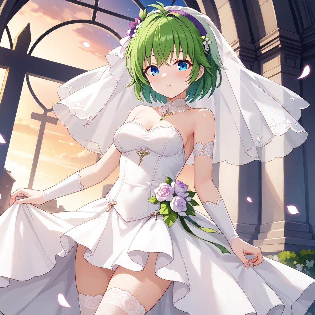 score_9, score_8_up

(masterpiece), best quality, expressive eyes, perfect face, perfect thighs, perfect anatomy, perfect breasts, perfect eyes, medium breasts, perfect thighs, perfect hips,

ninoss, blue eyes, green hair, short hair, antenna hair, purple hairband, hair ornament, bridal dress, short dress, bridal flowers, white dress, wedding dress, church background, sunset