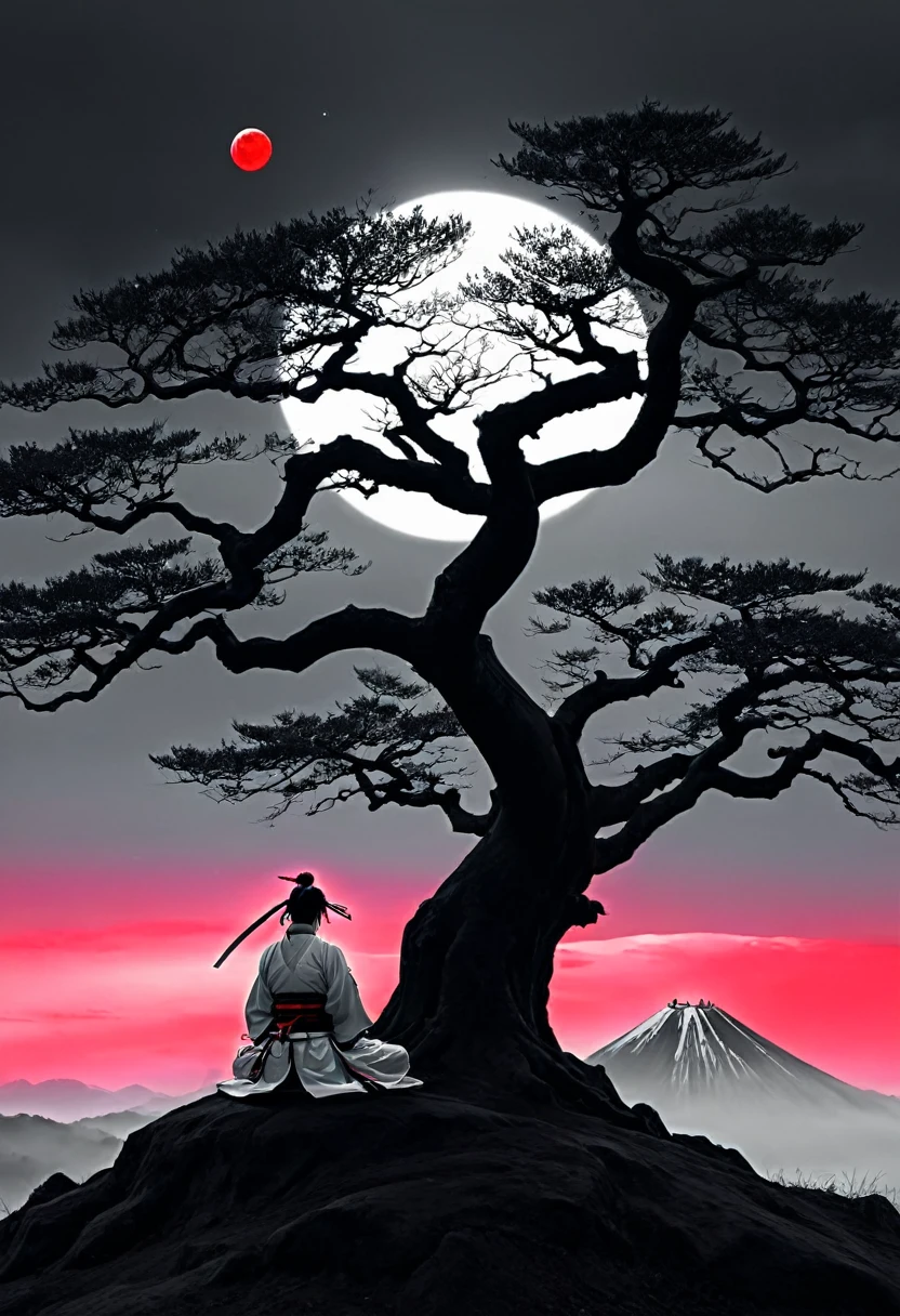 surreal theme, anime style, white fleecy hill, sprawling black and white tree,a samurai meditates under a tree , red neon moon in white and gray sky, max details, dynamic, great lighting, perfect shading, atmospheric, best quality, sharp focus, high contrast, stylized, clear, surreal, ultra quality, 8k, best quality, masterpiece