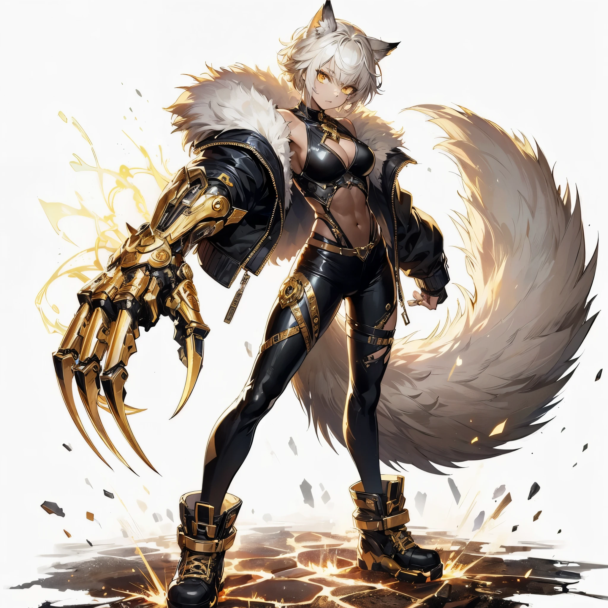 (masterpiece, Best Quality), (detailed hairs), Ultra-detailed, Anime like illustration style, Full body, Solo, cyberpunk gang lady, white-yellow mixed with pixie cut hair, gold eyes, right hand converted into a cybernetic claw called the talon of Horus. Left hand is a bare fist, black wrestler costume with gold trim, wolf fur coat, long boots, supernatural lightning, ultra-massive, tall and stylish, Muscular, White background, standing full length, standing on burned earth, winning smile