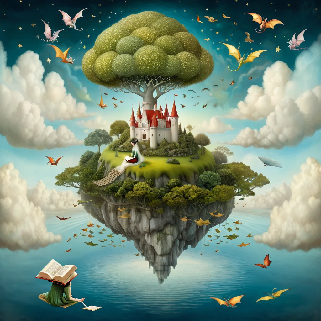 Patchwork style, by nicoletta ceccoli, klimt, Catrin Welz-Stein, naoto hattori, Lawrence Didier, leonora carringtonl, Hieronymus Bosch (A woman sitting on a small island high in the clouds reads a book. in other small flying island around it, dragons, fairy-tale castles, leaves like trees ). imperialistic fantasy, soft glowing lights, space-inspired elements, ultra-detailed, intricate designs, majestic, sense of wonder and adventure, floating clouds, fantasy environment, high resolution, 4K, vibrant colors, cinematic masterpiece, captivating and awe-inspiring atmosphere.
