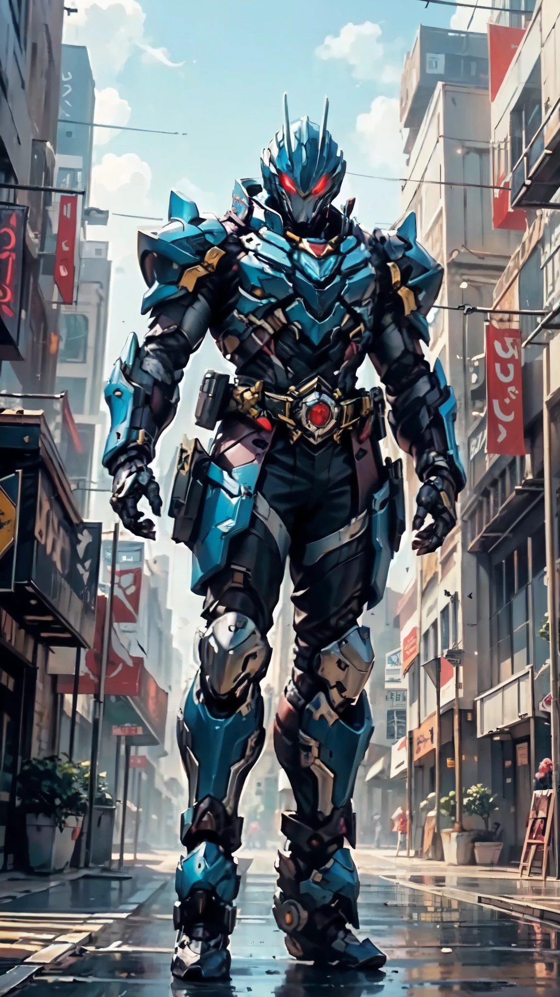 (masterpiece:1.5, best quality:1.5, extremely delicate:1.5), ((male:1.5)), a man wearing a full-face helmet, green eyes, fantasy-style high-tech biomimetic armored combat suit, (a composite layered chest armor), the design balances heavy with agility, fully enclosed shoulder guards, matching arm and leg guards, a belt of gemstone, (the color scheme is primarily Blue and White with Red accents, Organic Biotech, Concept Inspired by Lionheart, glowing eyes, armor glows, stand of a futuristic sci-fi city), this character embodies a finely crafted fantasy-style armored hero in anime style, exquisite and mature art style, metallic, high definition, highres, ultra-detailed, ultra-fine painting, professional, perfect body proportions, golden ratio, anatomically correct, symmetrical face, extremely detailed eyes and face, high quality eyes, creativity, RAW photo, UHD, 32k, Natural light, cinematic lighting, masterpiece-anatomy-perfect