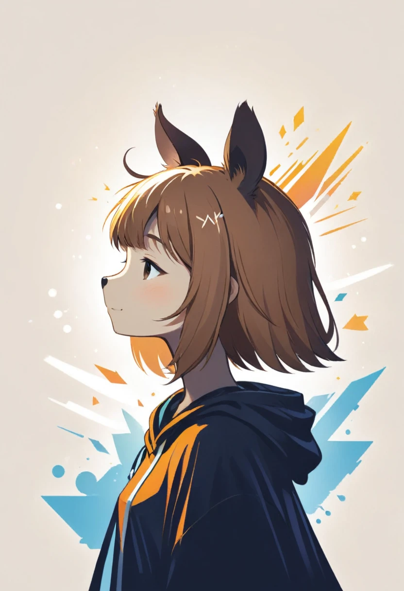 PORTRAIT OF A GIRL,1GIRL, illustration-style,modern, striking composition,sleek lines, unique pattern,abstract elements,geometric shapes,GEOMETRIC LOGO, , , expressive strokes , ,ANIMAL EARS, ANIMAL NOISE,CAPYBARA EARS, ANIMAL NOISE,ANIMAL headwear,SMILE, HALF CLOSE EYES, BROWN AND WHITE ANIMAL EARS,BROWN HAIR,((SILHOUETTE:2)),SIDE VIEW,FANTASY,(EPIC), SPARKS,VIBRANT, KEMONOMIMI,CUTE, (CAPYBARA NOSE),ANIMAL NOSE,ANIMAL HOOD,