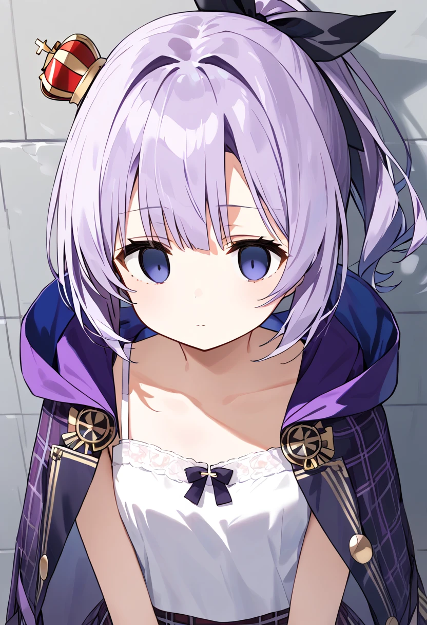 ((Masterpiece, Best Quality, highres, specular light)), javelin_\(azur_lane\),purple hair,ponytail, single_glove, hair_ornament, ribbon, mini_crown,hair_ribbon, plaid_skirt, purple_skirt, hood, white_camisole, (Empty Eyes: 1,3), closed mouth, Close Up view