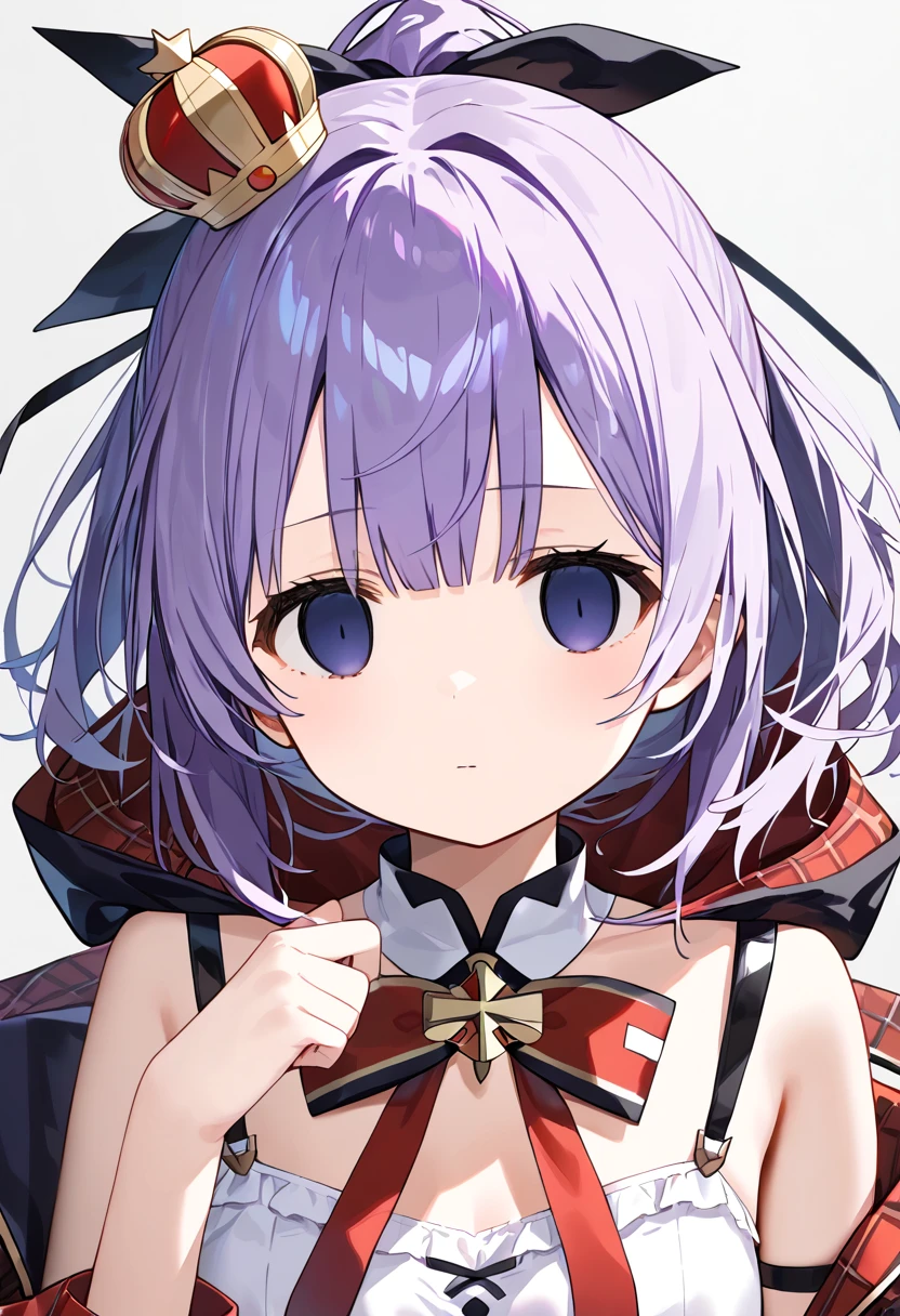 ((Masterpiece, Best Quality, highres, specular light)), javelin_\(azur_lane\),purple hair,ponytail, single_glove, hair_ornament, ribbon, mini_crown,hair_ribbon, plaid_skirt, purple_skirt, hood, white_camisole, (Empty Eyes: 1,3), closed mouth, Close Up view