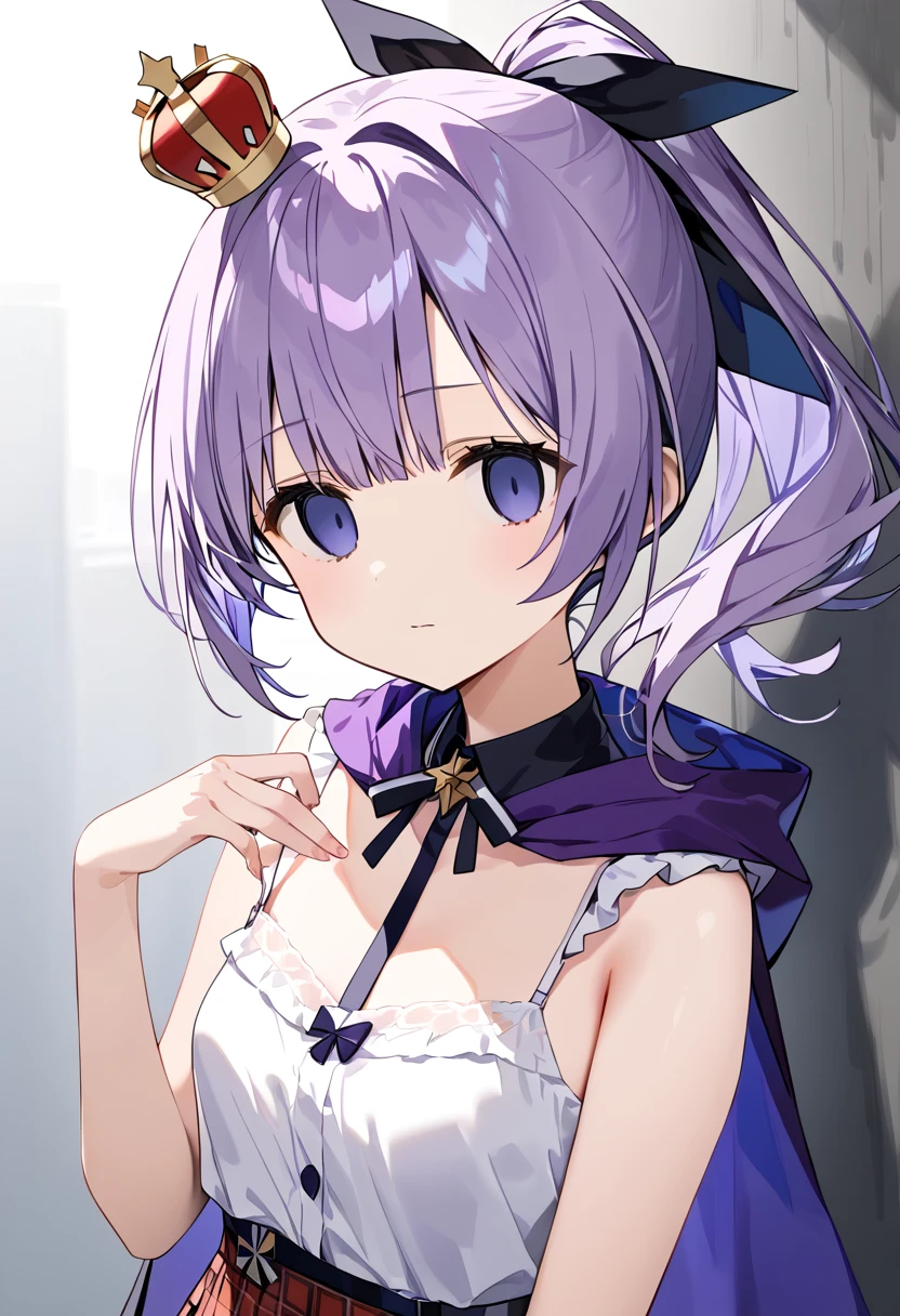 ((Masterpiece, Best Quality, highres, specular light)), javelin_\(azur_lane\),purple hair,ponytail, single_glove, hair_ornament, ribbon, mini_crown,hair_ribbon, plaid_skirt, purple_skirt, hood, white_camisole, (Empty Eyes: 1,3), closed mouth, Close Up view