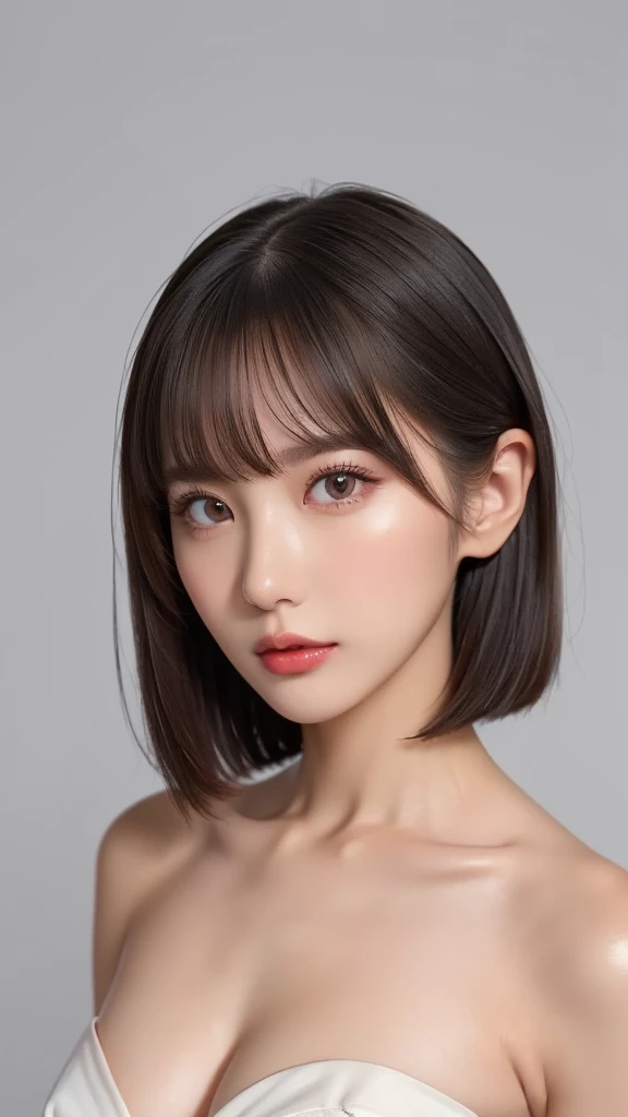  girl, bangs,(wacky dress :1.3,Fantastic dress:1.1),  gray background,  hair between eyes , Big Breasts,   viewer,  open lips, red eyes,   simple background, Alone,((Creative hairstyle)),(shiny skin),(masterpiece:1.4),(Best Quality:1.4),Red lips,((( detailed face,Clear Face,whole bodyショット,whole body,Even your feet are visible, perfect body , Perfect Anatomy))),( detailed face,detailed expression)