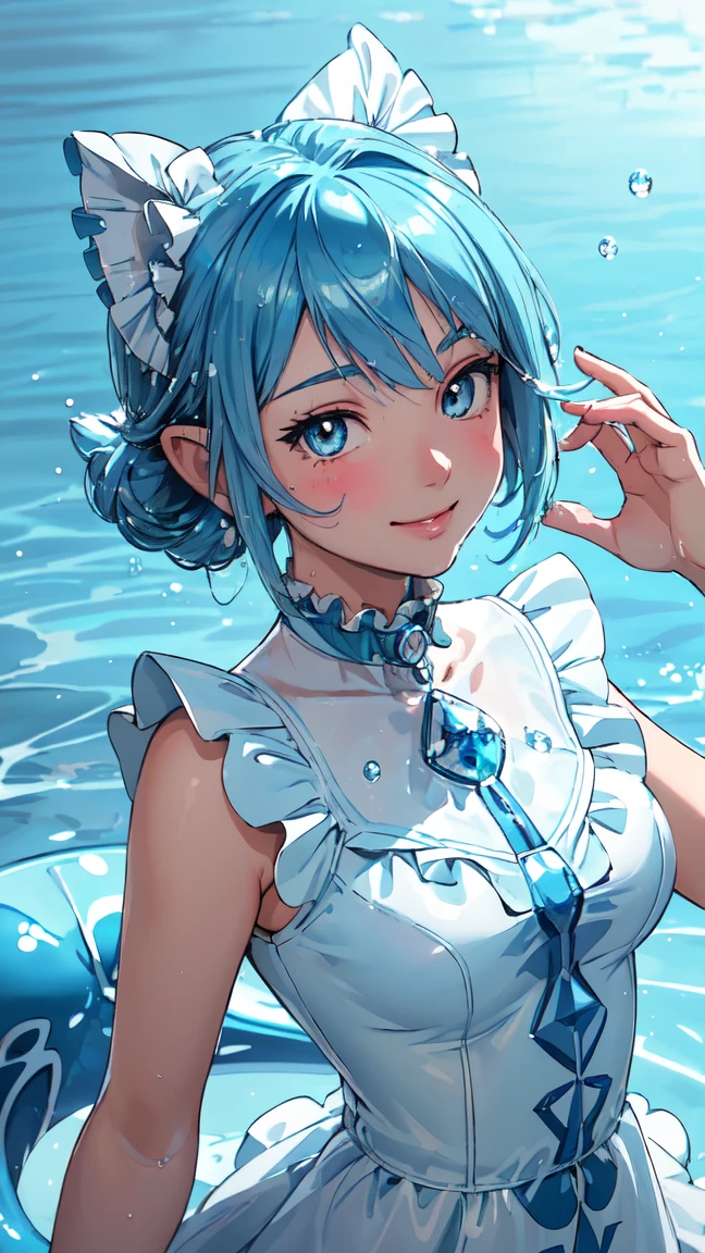 masterpiece, best quality, 1 girl, furina, genshin impact, white hair, blue hair, cute, tear shaped pupils, happy, smile, underwater, & bubbles, sea, abandoned city
