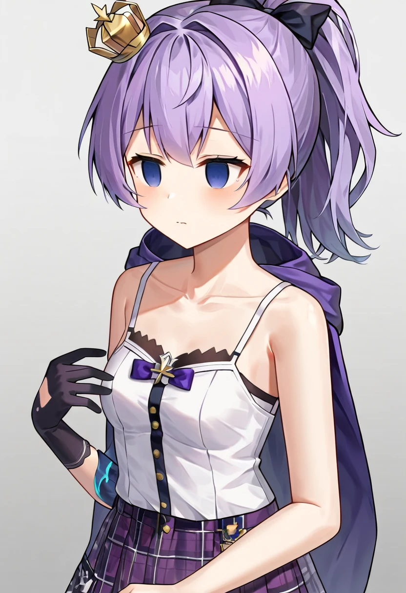 ((Masterpiece, Best Quality, highres, specular light)), javelin_\(azur_lane\),purple hair,ponytail, single_glove, hair_ornament, ribbon, mini_crown,hair_ribbon, plaid_skirt, purple_skirt, hood, white_camisole, (Empty Eyes: 1,3), closed mouth, Close Up view