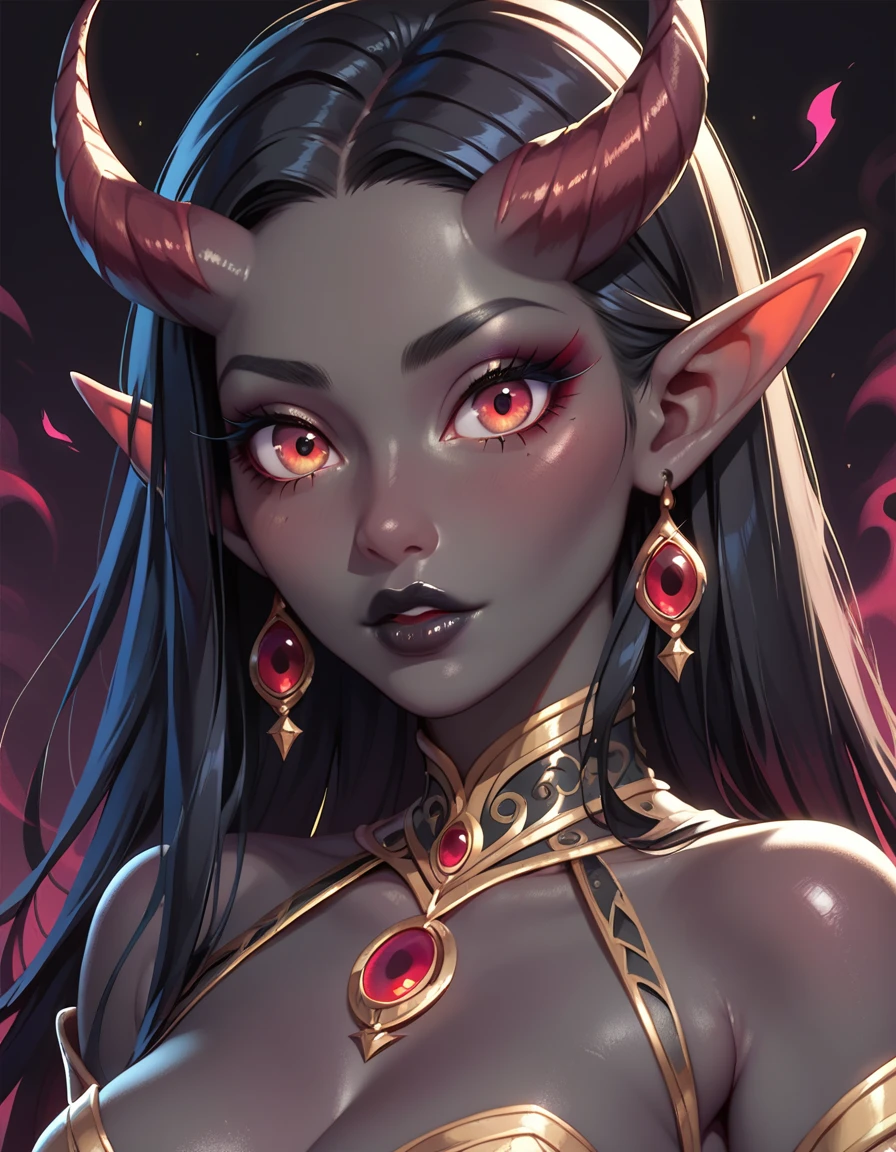 score_9, score_8_up, score_7_up, (Random poses), A beautifully detailed woman, succubus female, long black hair, elf ears, large eyes, red iris, long eyelashes, detailed facial features, black lipstick, (((Black skin))), demon horns, ((dark aura)), (((Black pattern background)))
