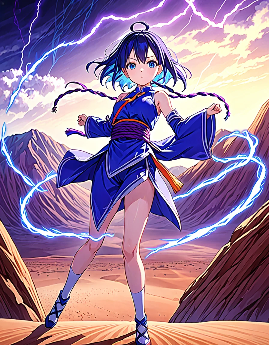 Emilia re zero full body,Girl,Blue eyes, Dark Blue hair colour, Background Desert Mountain,epic pose, Serious ,with blue lightning effect, perfect hand,Perfect anatomy , Blue hair,orange karate Suit with Purple rope tie in Waist