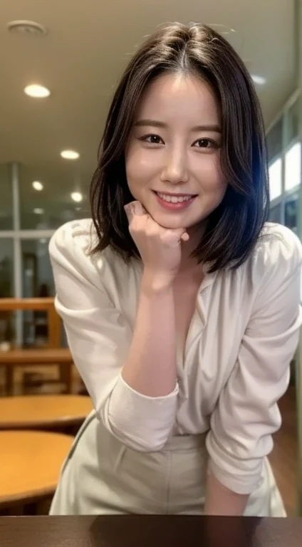 twjihyo, jihyoo, ((masterpiece, best quality)), intricate details, high quality, (photorealistic), (rich:1.4), ultra realistic 8k cg, picture-perfect face, flawless, clean, masterpiece, professional artwork, famous artwork, cinematic lighting, cinematic bloom, perfect face, beautiful face, beautiful eyes, 1girl, korean woman, jihyo from twice, short dark hair, jihyo, kpop idol, smiling