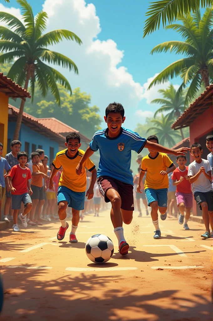 Several Venezuelan boys playing street football in the city of Maracaibo