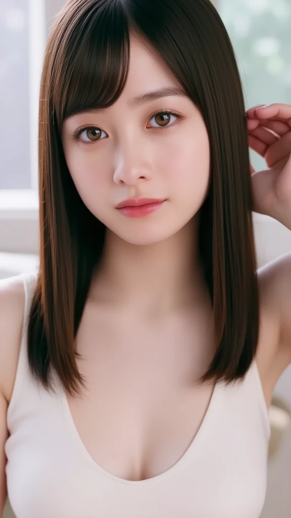 Kanna Hashimoto,One Woman、beautiful、Perfect looks、Pale turquoise eyes:1.3,((large breasts))、Perfect balance,(Please redeem: 1.1), (Realistic: 1.1), (photograph: 1.1), (Very detailed: 1.1),((NSFW)), ((beautiful nipples)),((Completely naked))