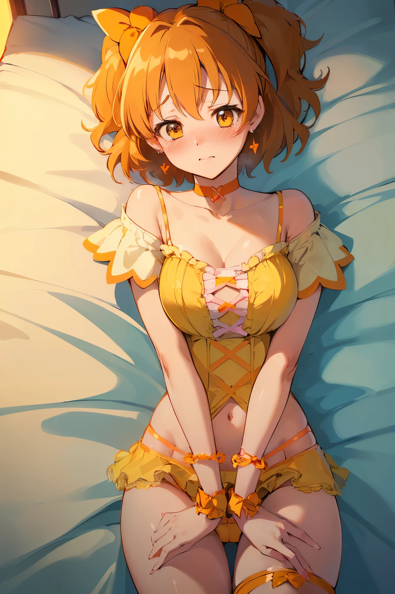 NSFW,masterpiece,Best Quality, high resolution on down, very detailed,Cure Pine \( Pretty Cure\), one side up 、 short hair、 hair bow、Frills、Short sleeve、Wrist cuffs、 orange choker、orange boots 、Yellow Skirt,(High quality panties:1.5),(Embarrassed:1.5),( shy:1.5),(Nightlife:1.5),( bedroom:1.5),(Prostitute:1.5)