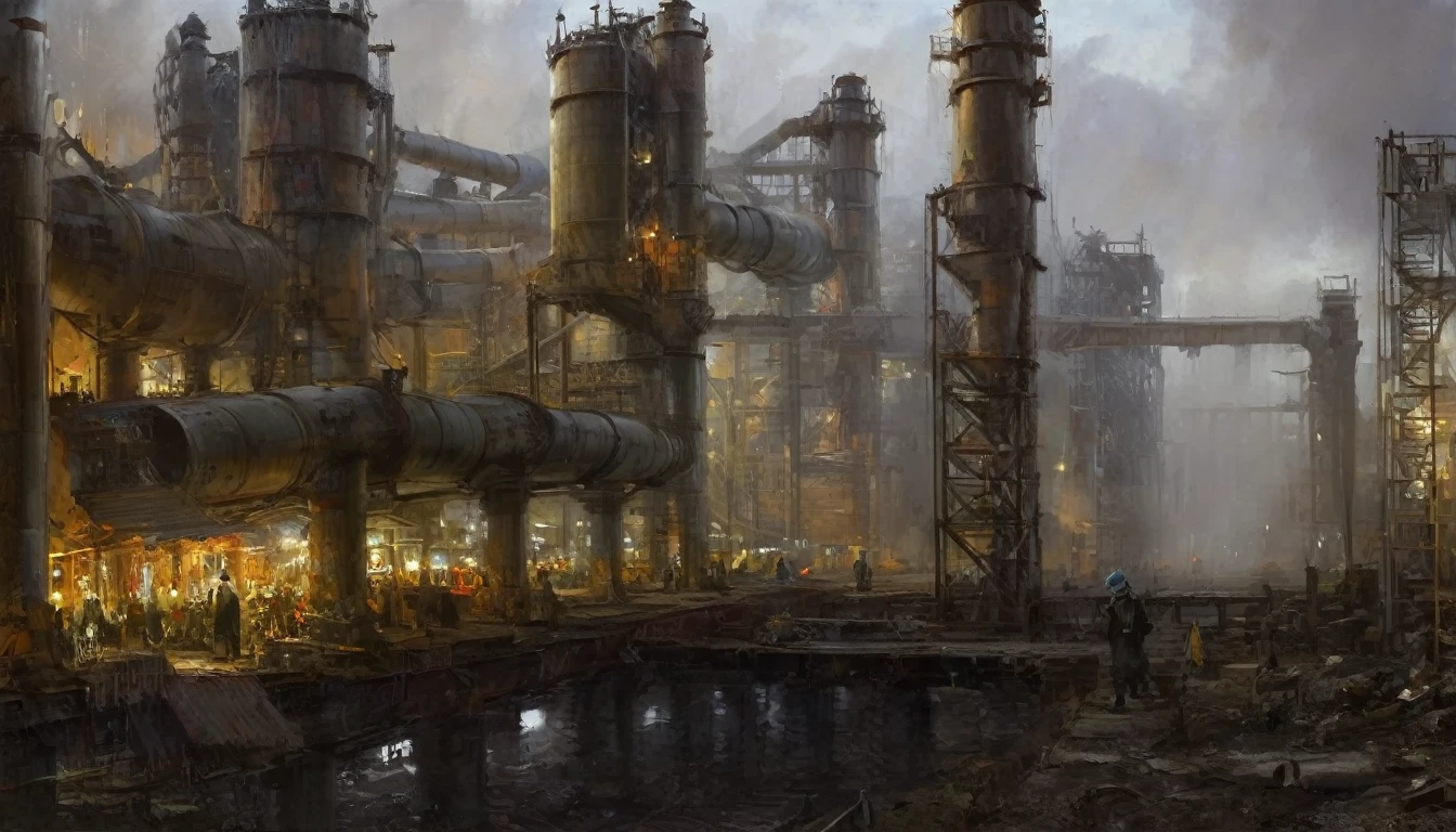 crmu, we are looking down at a giant industrial area with giant pipes, destroyed highwsy, dim lights, moody moody painting by Wilhelm Trübner, by Rudolf von Alt, by Vasily Polenov, john sargent, by Albert Henry Krehbiel, by Carl Frederik von Breda