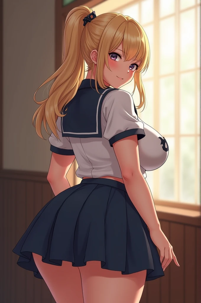 highest quality,wonderful,finely,extremely detailed CG Unity 8K wallpaper, (1 girl,blonde, yellow eyes, low ponytail, Scrunchie, earrings、evil smile), (grin and laugh:1.1), ((brown skin:1.2), (huge breasts:1.1),(sailor uniform:1.3), (bra lift:1.2), (zettai ryouiki:1.4)