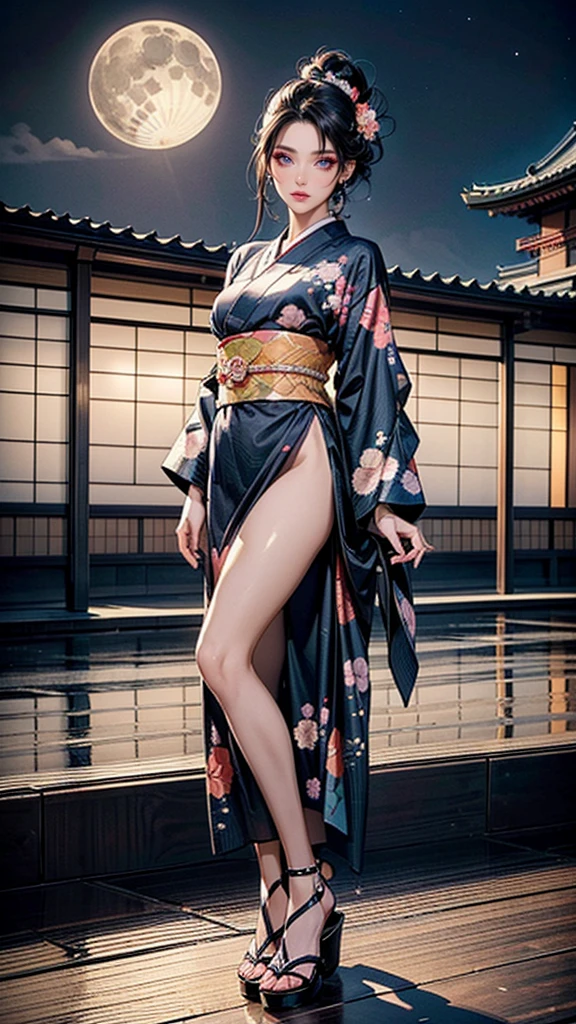 Ass, gals, (shiny oiled skin:1.2), Wearing a traditional patterned Japan kimono, Gal exposes her ass, thick mist, sony a7, Film grain, a dark night, Photorealistic, one-point perspective, 32K, diffuse reflection, colorful shiny particles, Lens Flare, Soft lighting