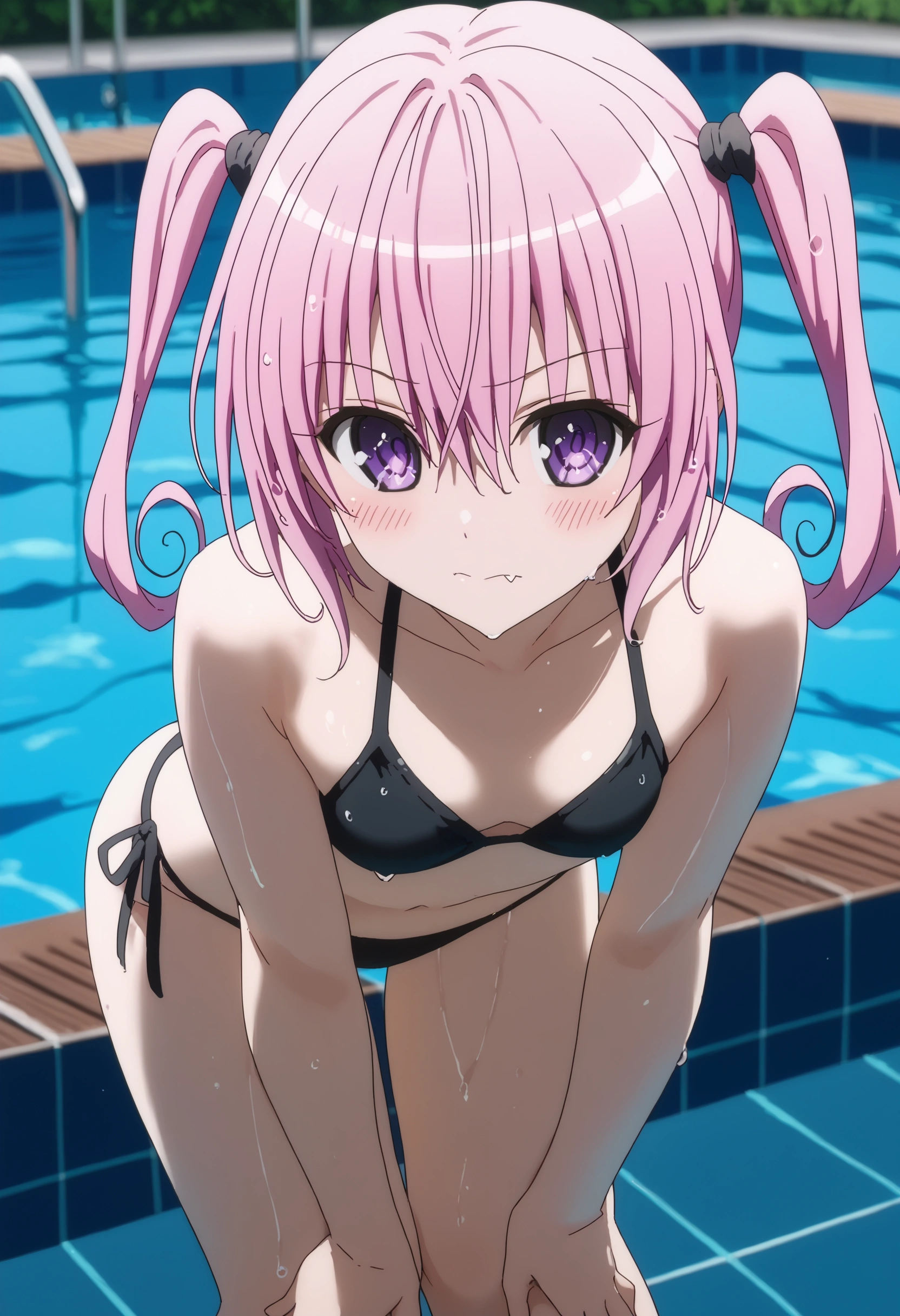 score_9,score_8_up,score_7_up,solo,looking at viewer,fang,Nana Astar Deviluke,long hair,pink hair,twintails,hair between eyes,bangs,purple eyes,small breasts,bikini, black bikini, wet, pool, blush,arms up, pool,(leaning forward:1.3), (hands on knees:1.3)