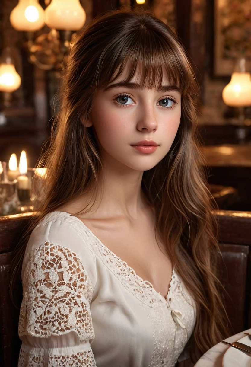 Highly detailed portrait of an 14-year-old Italian woman with long brown bangs, captivating, romantic gaze, sitting in an authentic Italian restaurant. (High quality, 4k, 8k, high-res, masterpiece:1.2), ultra-detailed, (realistic, photorealistic:1.37). Extremely detailed face with beautiful eyes and lips, long eyelashes, porcelain skin, elegant expression, lush brown hair. Warm lighting, cozy atmosphere, ornate decor, tiled floor, wooden furniture, candlelight, intricate details.
