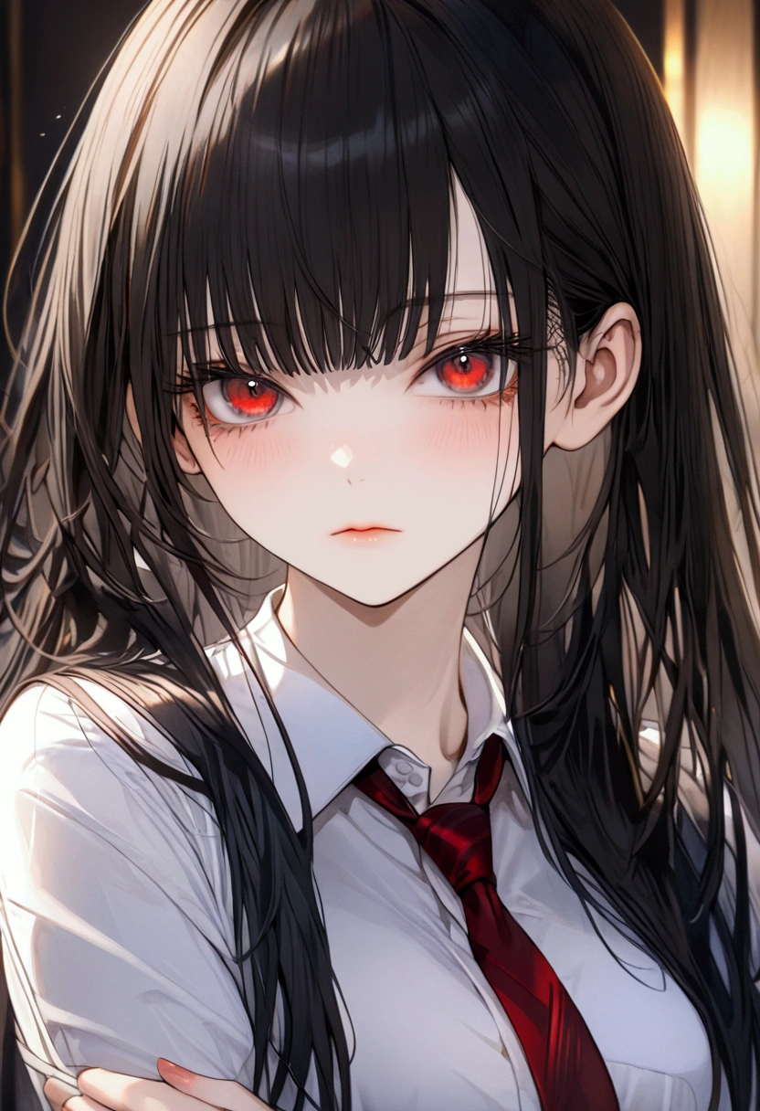 (((16K, absurdres, highres, ultra detailed, HDR, master piece, best quality, extremely detailed, delicated features, Incredibly sharp lines, noise removal))), 1 woman, Age 18, long hair, straight hair, blunt bangs, sidelocks, black hair, clear red eyes, Beautifully drawn eyelashes Long, narrow eyes, perfect eyes, fine eyes, Make the picture clearer, write with sharp eyes, clear parts eye shape, Delicate hair, incredibly detailed hair, very beautiful hair, delicate hair right down to the tips, anime, Perfect hands, Grumpy, pale skin, Shirt, tie, arms crossed, (black, red),