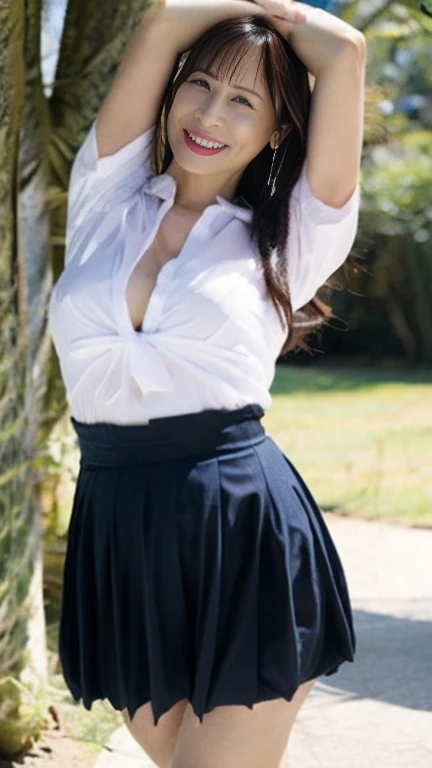  japanese mature, white skin,(plump body,Large Breasts, plump thighs:1.5),(seifuku cosplay, earrings, necklace , high heels:1.2),( standing in the park, take a picture of the whole body from toe to head,full body, full body portrait ,standing:1.2), depth of field,looking at viewer,smile, surrealism, from below, Sony FE, 8k,Artist,arms up