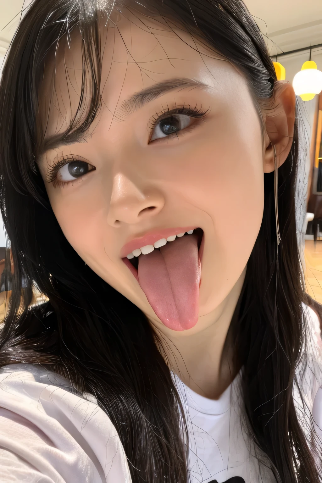  1 girl, table top,,Award-winning photo,  very detailed,  face close-up、 Keep Your Eyes Focused , Nose and mouth, face focus ,  woman with her mouth open and her eyes closed,  FACE FOCUS close-up 、age: 18 ,Black-haired、Symmetrical face, Insulated、  from the bottom、Extended C-shaped nostrils 、 sweated skin、 sweated, Lighting that highlights shiny skin、(((Loose fitting t-shirt,  shorts),)) sweated, shiny skin、shiny skin、Big Eyes、double eyelid、( my tongue is wet and glowing) ((Wet tongue)) (()) Disneyland ,Taylor Hill, Surreal ,real skin、Nogizaka Members,Detailed and realistic eyelashes and double eyelids, big breasts at the temple