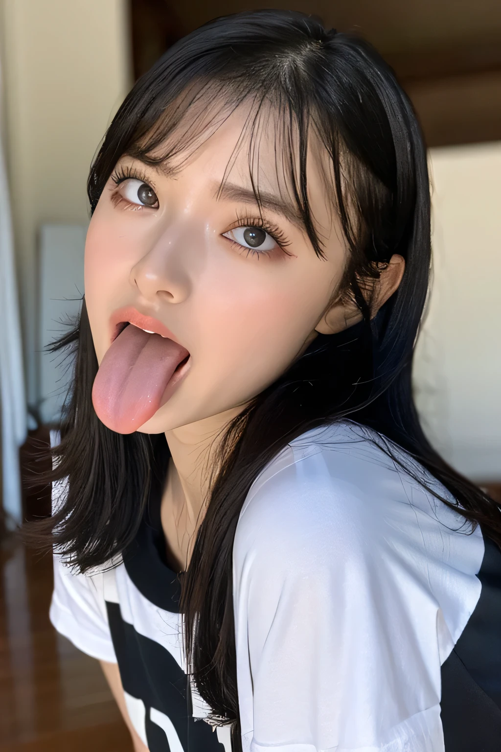  1 girl, table top,,Award-winning photo,  very detailed,  face close-up、 Keep Your Eyes Focused , Nose and mouth, face focus ,  woman with her mouth open and her eyes closed,  FACE FOCUS close-up 、age: 18 ,Black-haired、Symmetrical face, Insulated、  from the bottom、Extended C-shaped nostrils 、 sweated skin、 sweated, Lighting that highlights shiny skin、(((Loose fitting t-shirt,  shorts),)) sweated, shiny skin、shiny skin、Big Eyes、double eyelid、( my tongue is wet and glowing) ((Wet tongue)) (()) Disneyland ,Taylor Hill, Surreal ,real skin、Nogizaka Members,Detailed and realistic eyelashes and double eyelids, big breasts at the temple