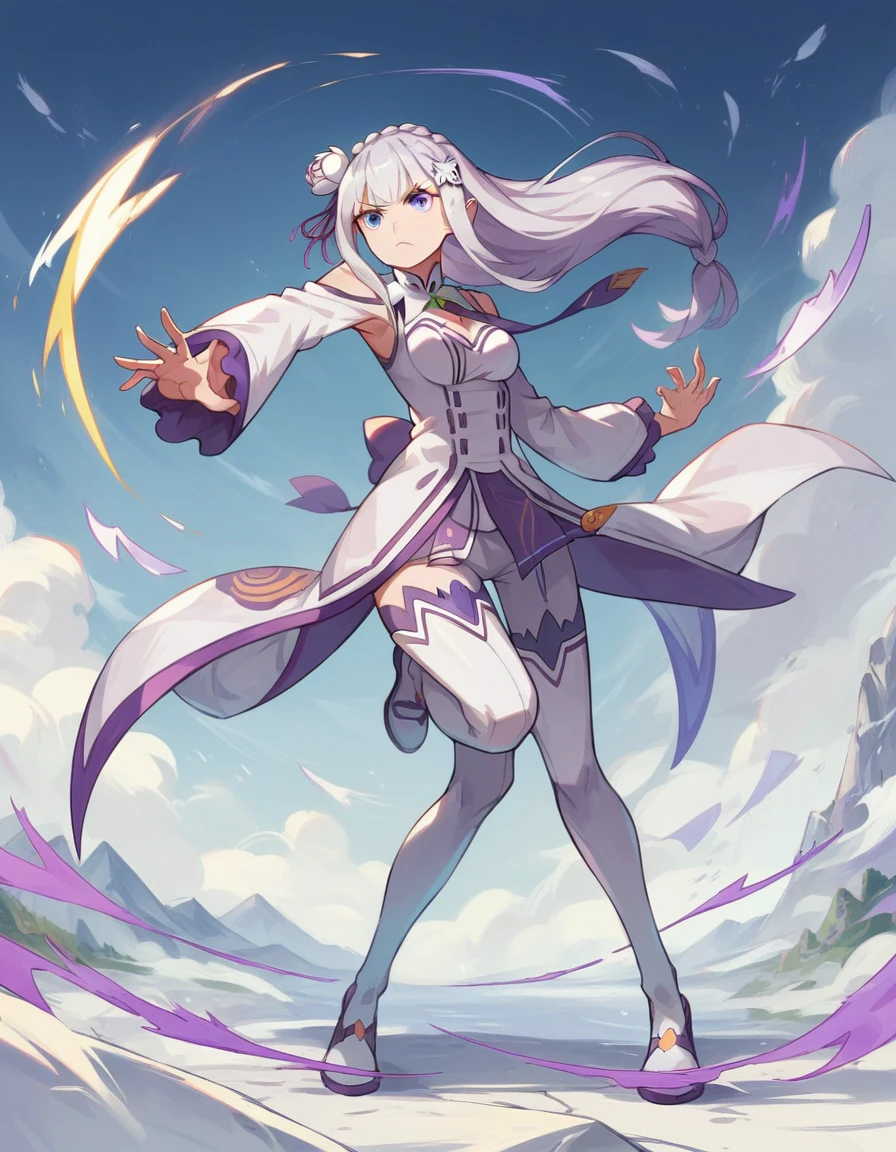 Emilia re zero full body,Girl,Blue eyes, Silver hair colour, Background Mountain Rain storm,epic pose, Serious , perfect hand,Perfect anatomy , orange karate Suit with Purple rope tie in Waist