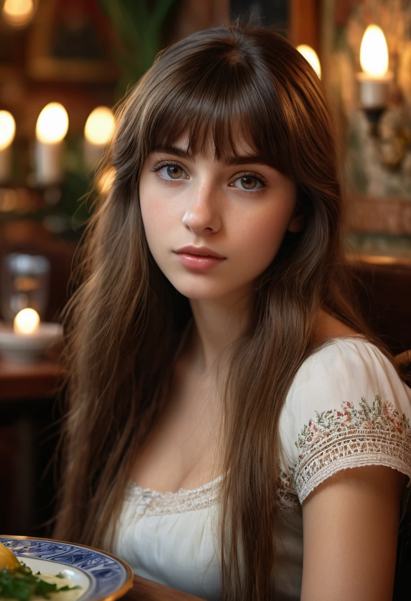 Highly detailed portrait of an -yeld Itan woman with long brown bangs, captivating, romantic gaze, sitting in an authentic Italian restaurant. (High quality, 4k, 8k, high-res, masterpiece:1.2), ultra-detailed, (realistic, photorealistic:1.37). Extremely detailed face with beautiful eyes and lips, long eyelashes, porcelain skin, elegant expression, lush brown hair. Warm lighting, cozy atmosphere, ornate decor, tiled floor, wooden furniture, candlelight, intricate details. Huge breast
