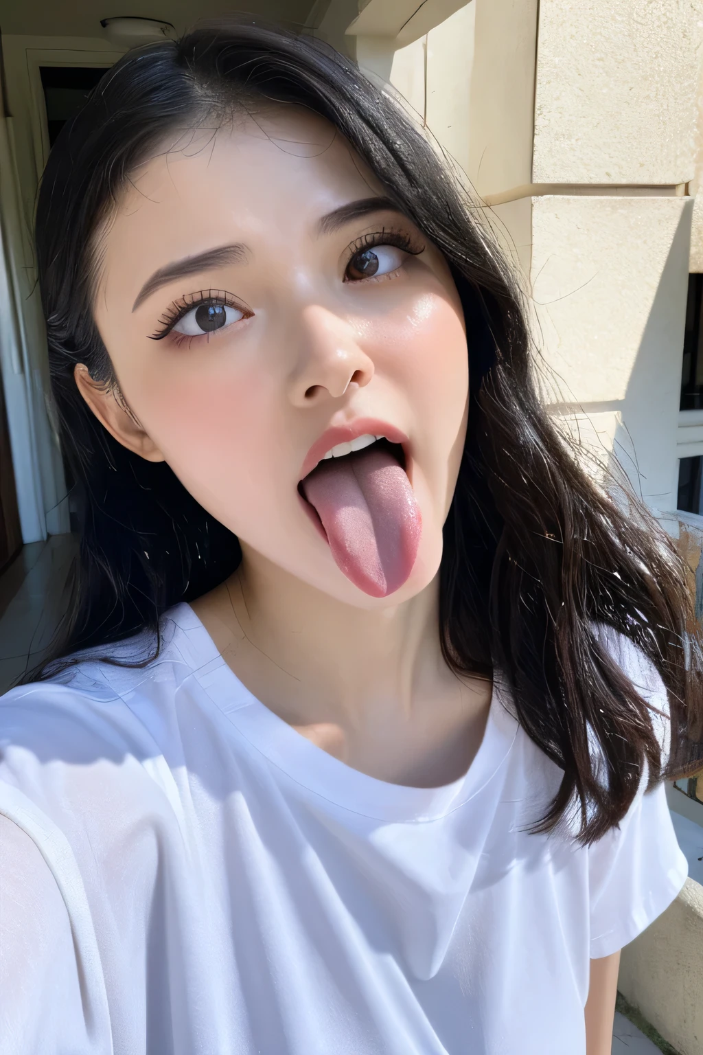  1 girl, table top,,Award-winning photo,  very detailed,  face close-up、 Keep Your Eyes Focused , Nose and mouth, face focus ,  woman with her mouth open and her eyes closed,  FACE FOCUS close-up 、age: 18 ,Black-haired、Symmetrical face, Insulated、  from the bottom、Extended C-shaped nostrils 、 sweated skin、 sweated, Lighting that highlights shiny skin、(((Loose fitting t-shirt,  shorts),)) sweated, shiny skin、shiny skin、Big Eyes、double eyelid、( my tongue is wet and glowing) ((Wet tongue)) (()) Disneyland ,Taylor Hill, Surreal ,real skin、Nogizaka Members,Detailed and realistic eyelashes and double eyelids, big breasts at the temple