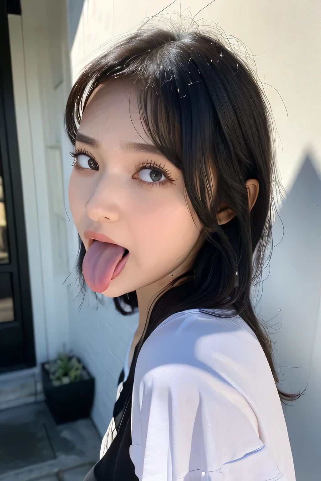  1 girl, table top,,Award-winning photo,  very detailed,  face close-up、 Keep Your Eyes Focused , Nose and mouth, face focus ,  woman with her mouth open and her eyes closed,  FACE FOCUS close-up 、age: 18 ,Black-haired、Symmetrical face, Insulated、  from the bottom、Extended C-shaped nostrils 、 sweated skin、 sweated, Lighting that highlights shiny skin、(((Loose fitting t-shirt,  shorts),)) sweated, shiny skin、shiny skin、Big Eyes、double eyelid、( my tongue is wet and glowing) ((Wet tongue)) (()) Disneyland ,Taylor Hill, Surreal ,real skin、Nogizaka Members,Detailed and realistic eyelashes and double eyelids, big breasts at the temple