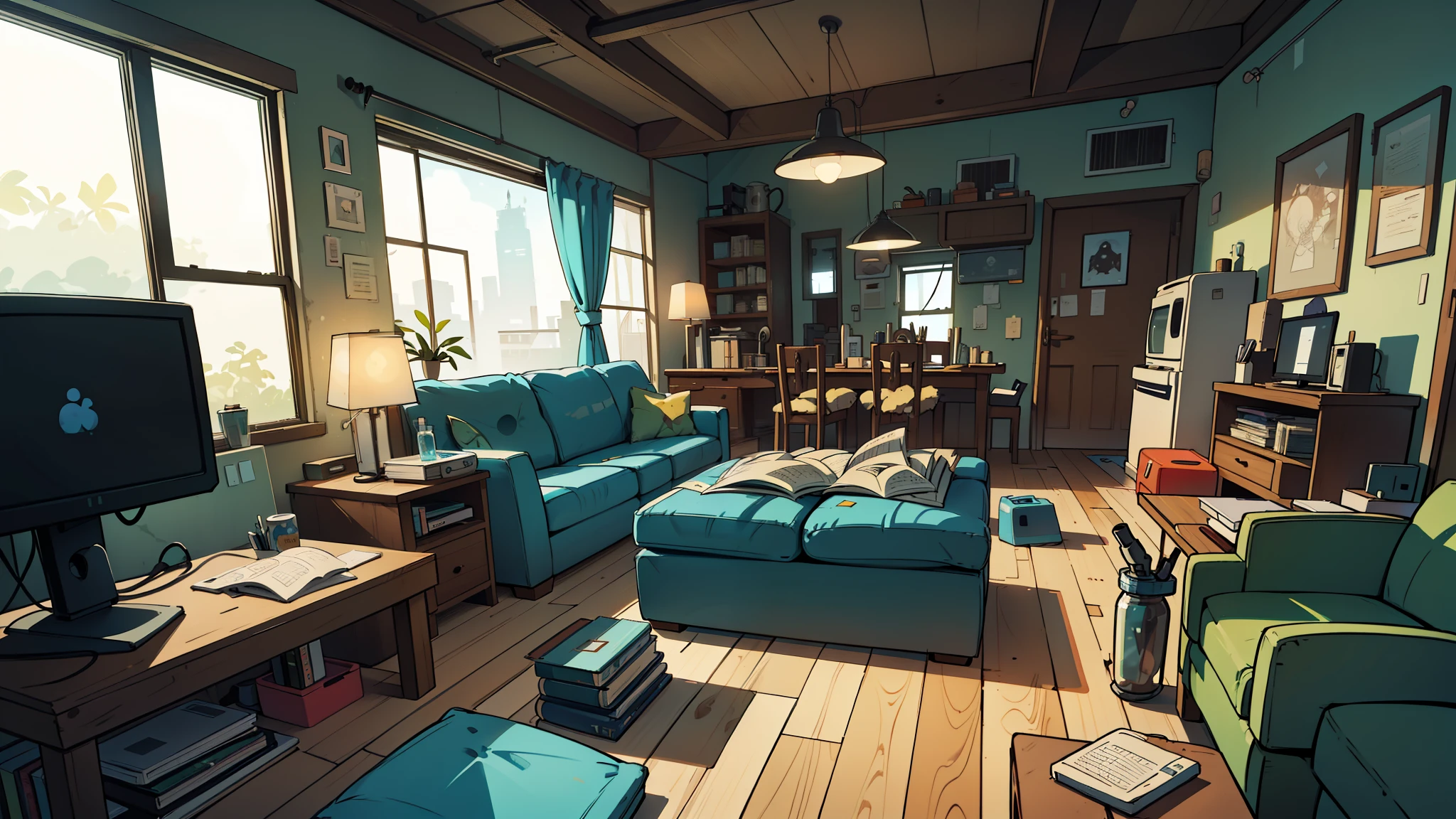 Create an interior scene of the Smith family house from Rick and Morty. The setting should feel like a typical suburban home, but with a mix of quirky, high-tech, and chaotic elements. Show the living room with a worn-out couch, a few scattered papers and gadgets, and an overall lived-in, slightly disorganized vibe. The walls should have family photos, but with odd, otherworldly details or strange scientific devices subtly integrated. Include a few sci-fi elements, like Rick’s portal gun or an experimental machine, placed inconspicuously in the room. There should be a sense that this is a normal family home, but with underlying weirdness. The kitchen should be visible in the background, cluttered with both regular household items and futuristic gadgets, such as an alien refrigerator or a glowing science lab. The lighting should be warm and inviting, but with an occasional eerie glow from the strange tech, creating a surreal atmosphere. The scene should feel like an everyday home, but one that could easily turn into an adventure at any moment