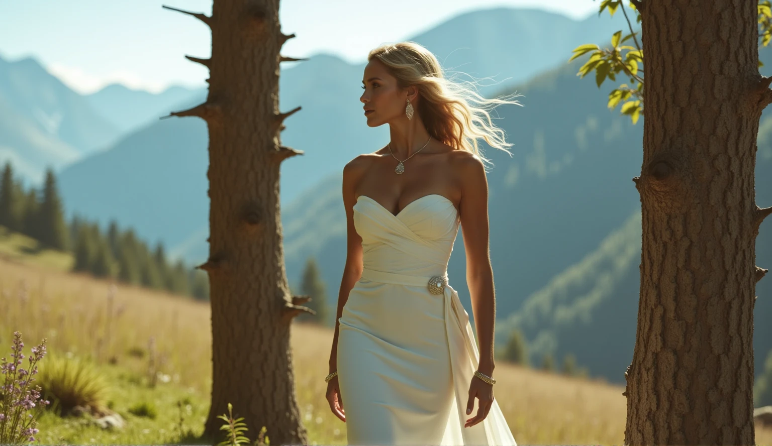 Tanerelle-v1, a stunning bride, stands confidently near a majestic tree in a breathtaking valley amidst the mountains. Her tight, noble wedding dress showcases her athletic physique and leaves little to the imagination with its revealing cleavage. The strapless design accentuates her curves, as delicate filigree jewelry adorns her neck, wrists, and fingers. Lace-up high heels add a touch of sophistication to her overall allure. Set against a picturesque spring backdrop, sharp sunlight casts dramatic shadows on her ultra-realistic skin, complete with visible pores. In the distance, the wind whispers through the landscape, as far-reaching mountains meet the horizon. Capture this masterpiece in stunning UHD, 8K photorealism, using DSLR-grade ray tracing and camera techniques.