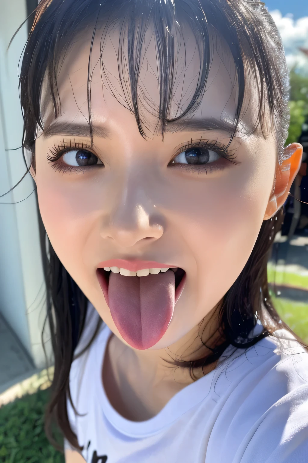  1 girl, table top,,Award-winning photo,  very detailed,  face close-up、 Keep Your Eyes Focused , Nose and mouth, face focus ,  woman with her mouth open and her eyes closed,  FACE FOCUS close-up 、age: 18 ,Black-haired、Symmetrical face, Insulated、  from the bottom、Extended C-shaped nostrils 、 sweated skin、 sweated, Lighting that highlights shiny skin、(((Loose fitting t-shirt,  shorts),)) sweated, shiny skin、shiny skin、Big Eyes、double eyelid、( my tongue is wet and glowing) ((Wet tongue)) (()) Disneyland ,Taylor Hill, Surreal ,real skin、Nogizaka Members,Detailed and realistic eyelashes and double eyelids, big breasts at the temple