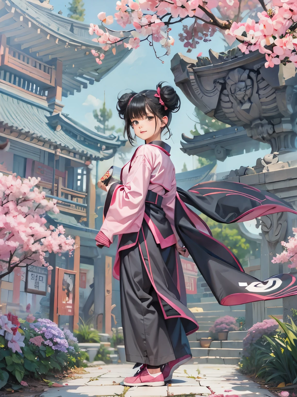  girl, Alone, souaru,black eyes, black hair, chinese clothes, pants,long_sleeves, double bun hair, f, Pink outfit