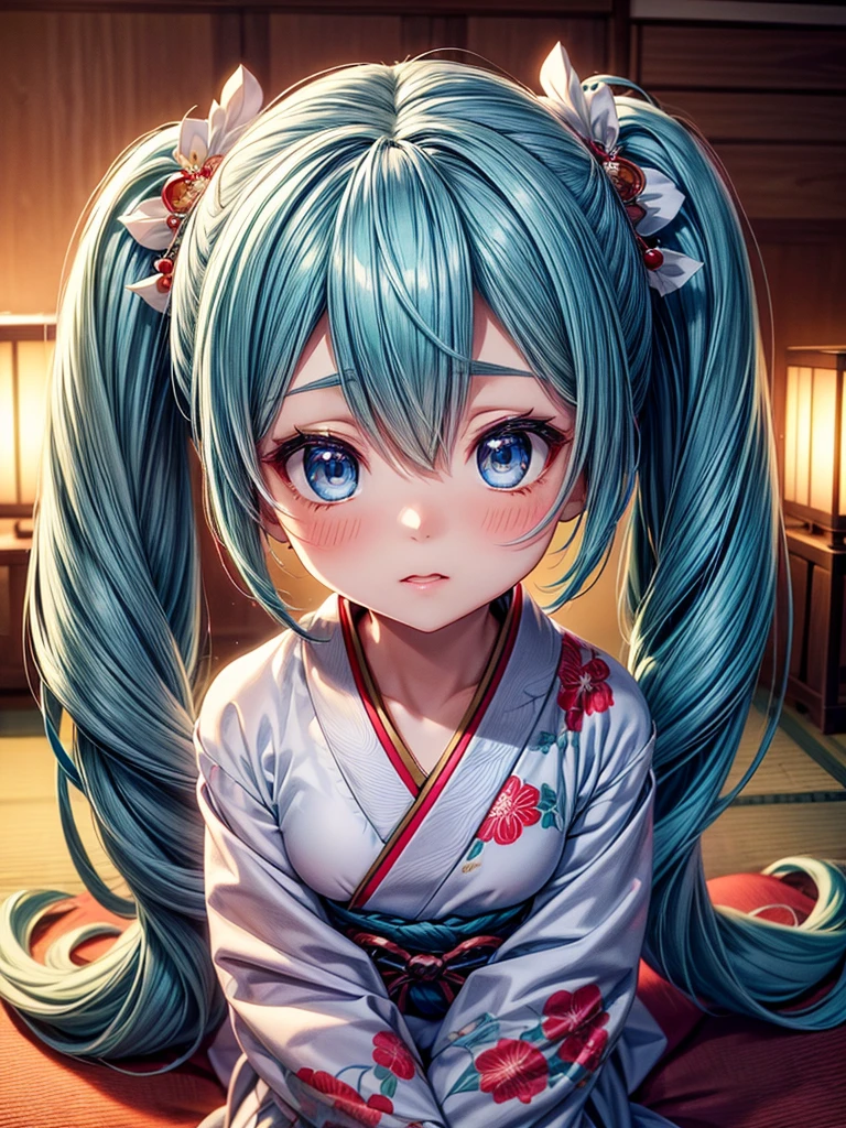 Hatsune miku, shrine, miko, priestess ((traditional from Japan)) , blue eyes , blue hair , red lips , beautiful girl , 1girl , holding ceremonial staff