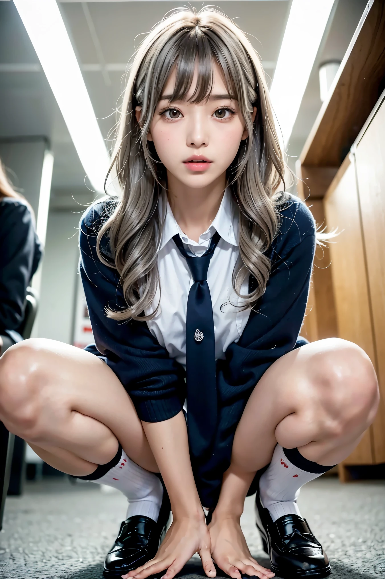 masterpiece, hi-school girl、Blue Eye、Bright brunette、(School Uniforms:1.5)、(M-shaped legs:1.5)、Colossal breasts are coming out、Navy Socks、Wear upper shoes、(Bright school classroom:1.5)the viewer, Realistis, full body Esbian, radical, Haute, (Spread the pubic area with your fingers:1.5)RAWExtremely detailed, Ahegao, rolling her eyes, red blush, water running in mouth, Sticky tongue, Very gigantic-breasts, sexual excitement, Sex Expressions, shinny skin、 Crouching, excited, Provocative, Ecstasy, (Looking down), looking in camera, ceiling, From below,