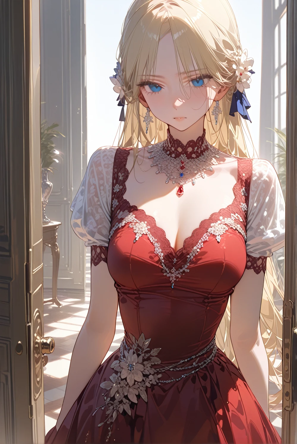 masterpiece, highest quality, Very detailed, 16k, Ultra-high resolution, Cowboy Shot, Nikon, Detailed face, Perfect Fingers, 22-year-old woman, smile, Big Breasts, blue eyes, Blonde, Twin tails, wedding princess dress, (Red dress:1.5), Moonlit Night, Royal Palace Garden, Evening Party