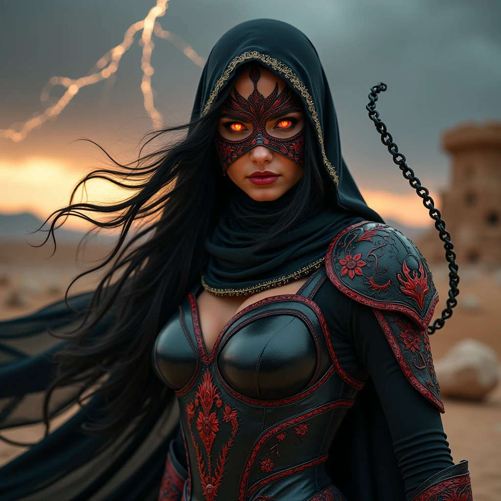 Arab masked female officer(The upper part of the body:1.2 1girl,tmasterpiece,best qualityer,ultra - detailed,illustratio,Fine eyes and detailed face),Wide buttock,gigantic cleavage breasts,Cleavage is seductive,maternal,looking at viewert,curvy build,Raised sexy,full bodyesbian,(a matural female,A MILF:1.1),独奏,(curves:1.1),big assa,thick thight,A MILF,(Special Forces black officer uniform),(Gold accents in clothing),Brown belt,With gold buckle, (Medal on the chest),(Military rank symbol on the arm),(Army cap with gold symbols),Arabic hijab,Arabic faces are masked,black beret,(Strike seductive poses on the balcony),warmly lit,masked,looking at viewert,(Take a photo),(Traditional Arab city background),photograph of-realistic